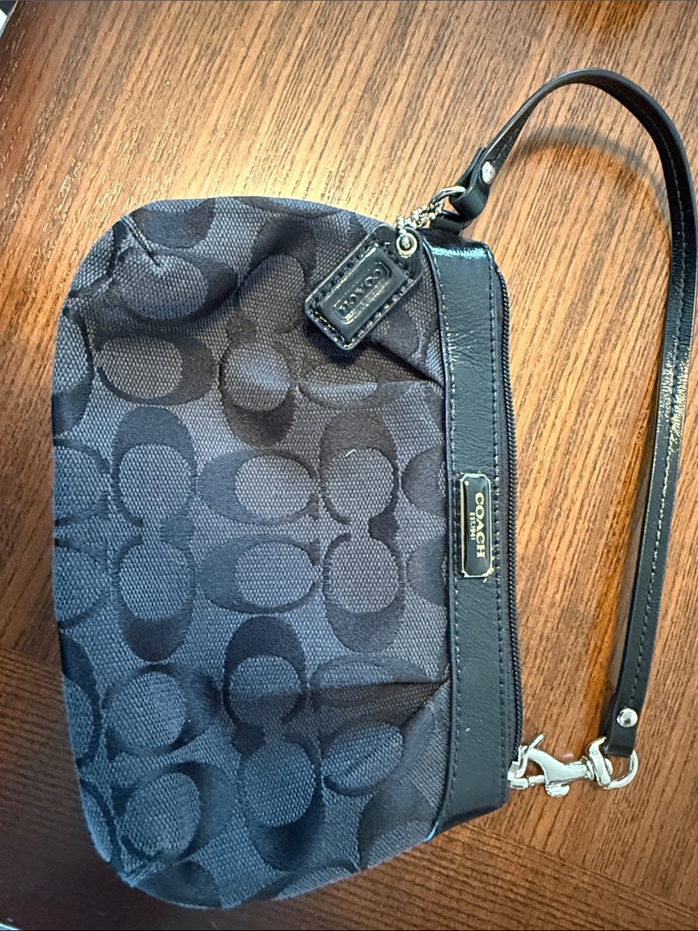 COACH Black Signature Canvas Wristlet with Leather Trim